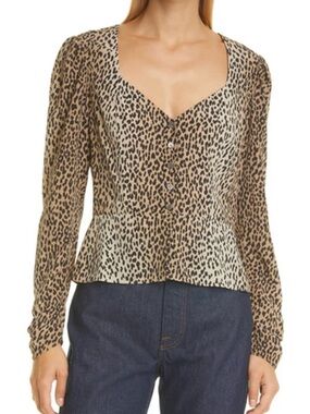 FRAME 100% Silk Leopard Print Peplum Blouse Medium